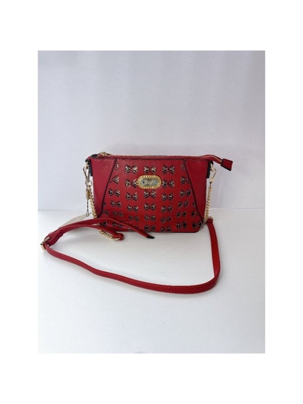 Brangio Red Bow Cutout Crystal Crossbody Satchel Purse Gold Chain Bag